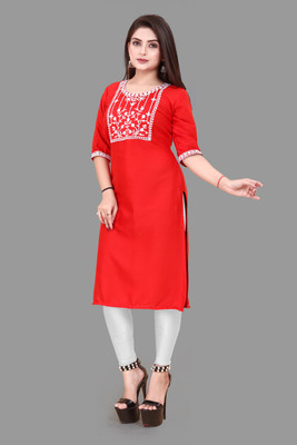 RIDDHI COLLECTION MALL Women Embroidered Straight Kurta(Red)