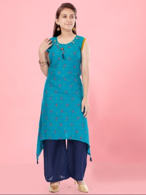 Aarika Girls Printed Straight Kurta(Light Blue)