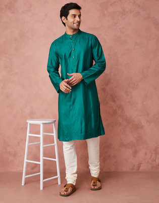 Fabindia Men Solid Straight Kurta(Blue)
