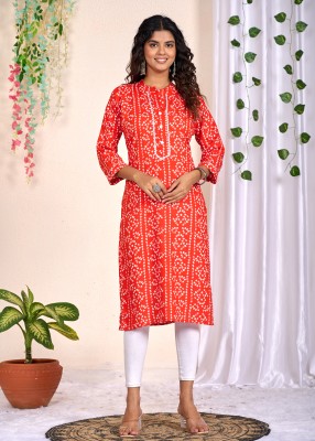 Avidra Lifestyle Women Bandhani Straight Kurta(Orange)