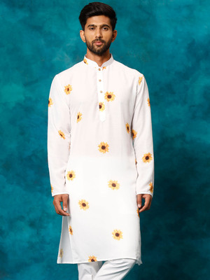 VASTRAMAY Men Floral Print A-line Kurta(White)