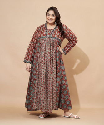 VBUYZ Women Printed Anarkali Kurta(Maroon)