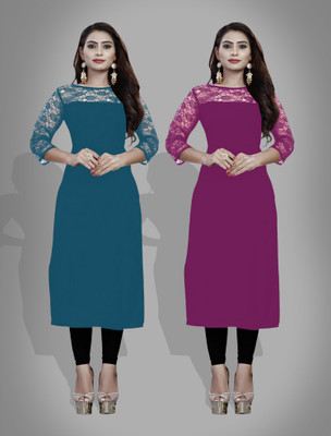 Dream Beauty Fashion Women Self Design Straight Kurta(Blue)