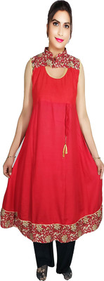 ANSHEE Women Printed, Self Design, Solid, Floral Print A-line Kurta(Red)