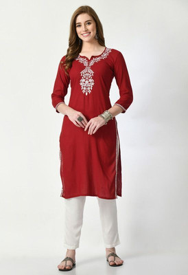 Rudraaksha Chikankari Women Embroidered Straight Kurta(Maroon)