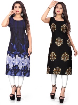 maruti fab Women Floral Print Straight Kurta(Blue, Black)