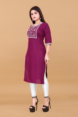 KURTIFABRIC Women Embroidered A-line Kurta(Purple)