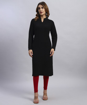 HEMLOCK Women Woven Design Straight Kurta(Black)