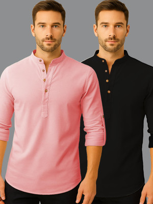 indirae Men Solid A-line Kurta(Black)