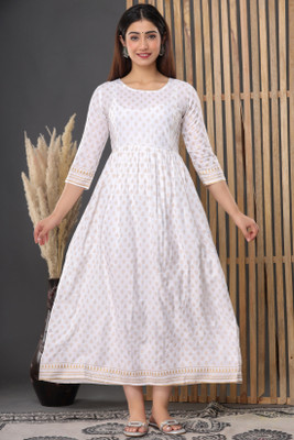 neroli Women Printed Flared Kurta(White)