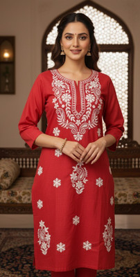 ZEHRACHIKAN Women Chikan Embroidery, Embroidered Straight Kurta(Maroon)