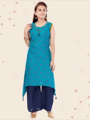 Kidotsav Girls Printed Straight Kurta(Light Blue)