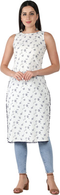 KAUTAQII Women Printed Straight Kurta(White)