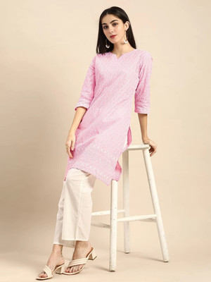 vestito Women Chikan Embroidery A-line Kurta(Pink)