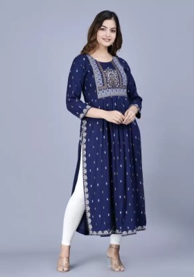 UGMAZ Women Embroidered Straight Kurta(Blue)