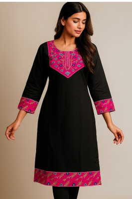 Aayra Women Embroidered Straight Kurta(Black)