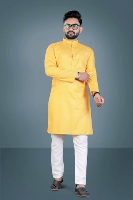 Enmozz Men Solid Straight Kurta(Yellow)