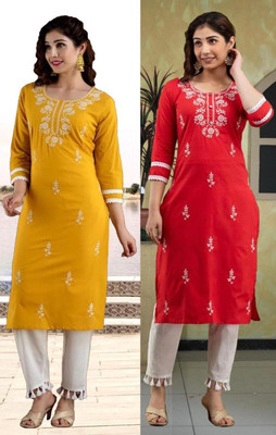 HouseOfCommon Women Chikan Embroidery Straight Kurta(Red, Yellow)