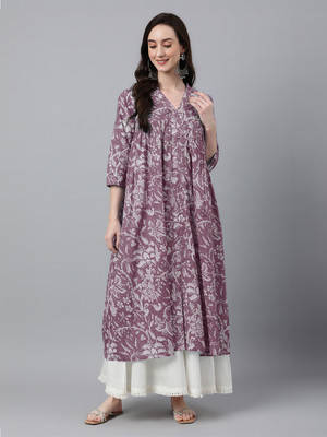 Janasya Women Floral Print, Printed Flared Kurta(Purple)