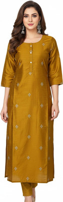 SARANS Women Embroidered Straight Kurta(Yellow)