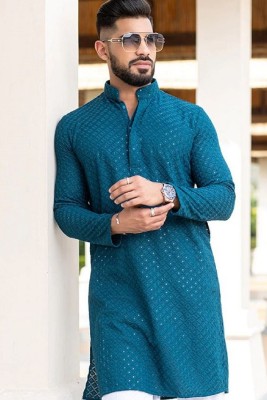 FOXDX Men Embellished Straight Kurta(Dark Blue)