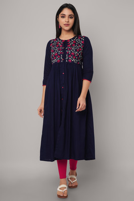 Ashlee Women Embroidered A-line Kurta(Dark Blue)