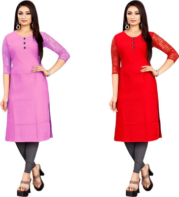 HOFC Women Solid Straight Kurta(Pink, Red)