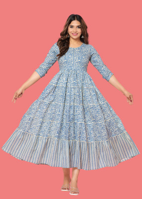 Da vastraagaar Women Printed Anarkali Kurta(Blue)