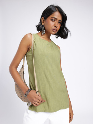 Anouk Rustic Women Self Design Straight Kurta(Green)