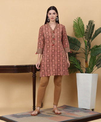 Myaza Women Printed Straight Kurta(Brown)