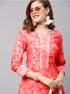 Wawlooks Women Printed Straight Kurta(Pink)