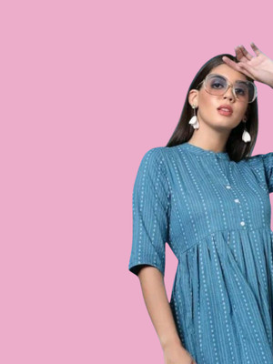 Houseofcommonv Women Striped A-line Kurta(Blue)