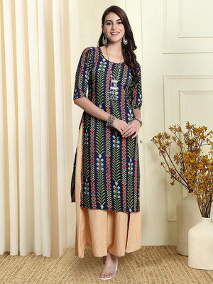 EthnicBasket Women Printed A-line Kurta(Dark Blue)