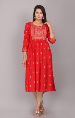 KT fashion Women Printed Flared Kurta(Red)