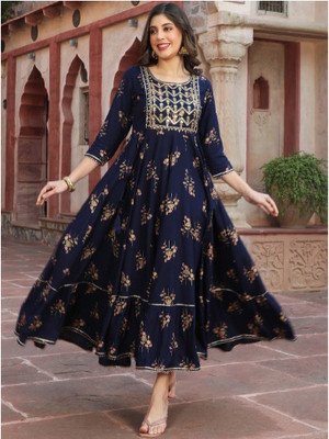 SUBH LAXMI Women Printed Flared Kurta(Blue)