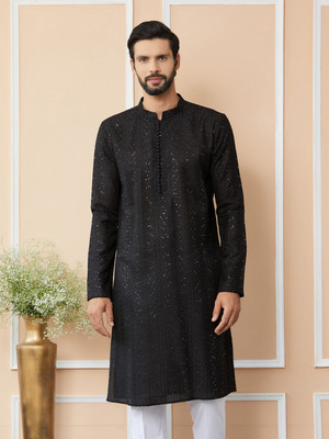 See Designs Men Embellished Straight Kurta(Black)