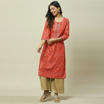 RANGRITI Women Printed Straight Kurta(Red)