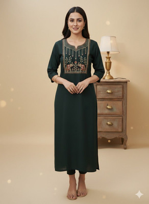 LoraFashions Women Animal Print Straight Kurta(Green)