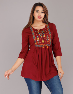 ANonline Women Embroidered Straight Kurta(Maroon)