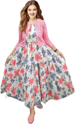 VEERANSU Women Printed, Chikan Embroidery Anarkali Kurta(White, Pink)