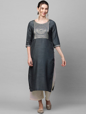 ANOUK Women Self Design Straight Kurta(Grey)