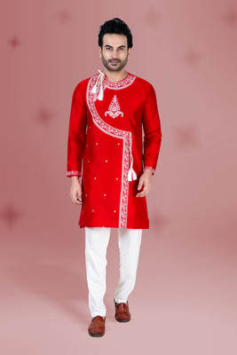 FRANSCART Men Embroidered Straight Kurta(Red)