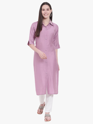 4U Fashion Women Solid Straight Kurta(Purple)