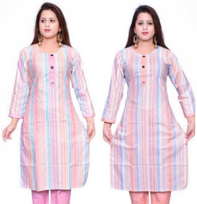 IST COLLECTION Women Printed Straight Kurta(Pink, Orange)