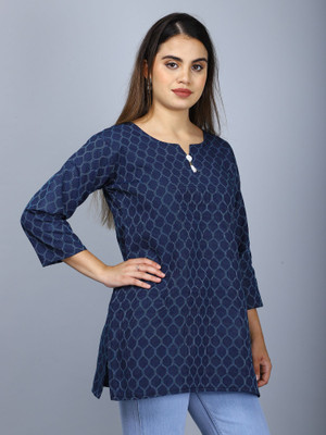 FaeebFashion Women Printed Tunic Kurta(Dark Blue)