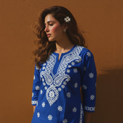 Shree shyam Women Chikan Embroidery Straight Kurta(Blue)