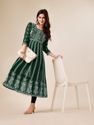 Youthnic Women Chikan Embroidery Anarkali Kurta(Dark Green)