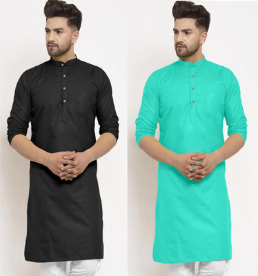 JENJEE FASHION Men Solid Straight Kurta(Black, Light Blue)