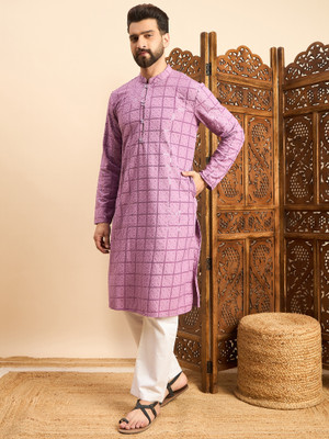 House of Pataudi Men Embroidered Straight Kurta(Purple)