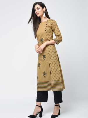 Aniyah Women Block Print Straight Kurta(Beige)